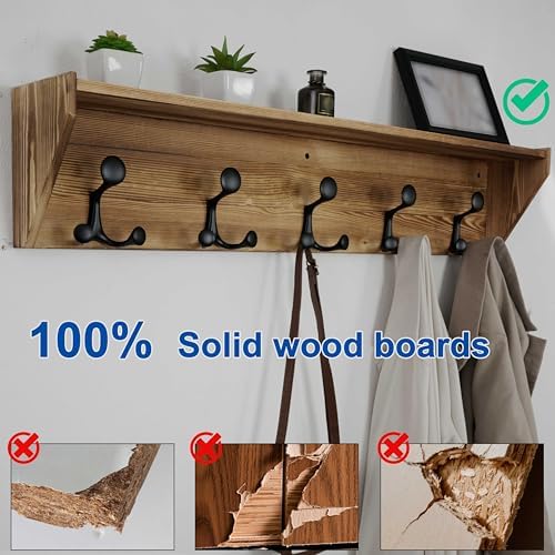 WEBI Wall Shelf with Hooks Underneath,35" Long Wall Mounted Coat Rack with Shelf,Entryway Coat Rack with 5 Triple Hooks for Hanging Coats,Jacket,Hallway,Bedroom,Mudroom,Brown - Image 3