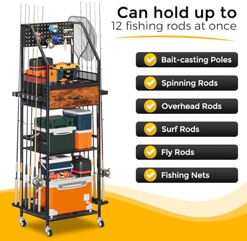 Fishing Rod Holder Organizer with Fabric Drawer & Pegboard - Image 4