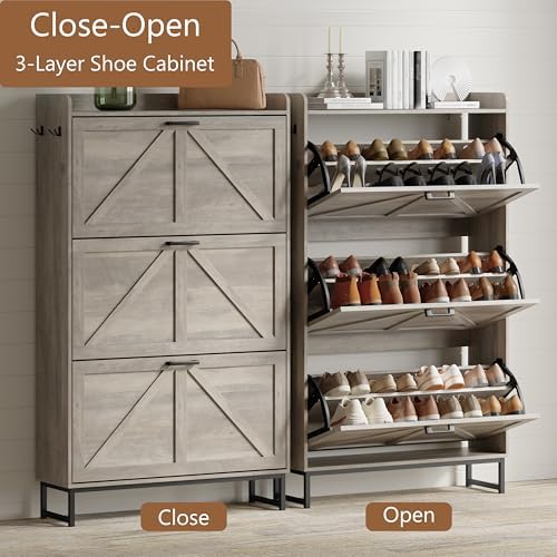 Xixini Shoe Storage Cabinet with 3 Flip Drawers, Entryway Shoe Rack, Grey - Image 3