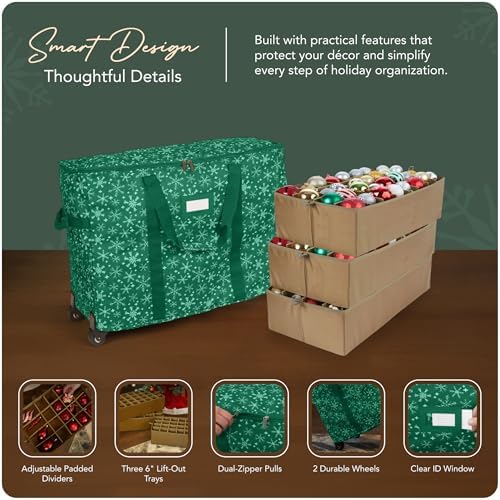 Covermates Keepsakes Rolling Adjustable Ornament Storage Bag – Heavy-Duty Polyester, FlexGrid Trays & Padded Dividers – Protective Holiday Organizer with Wheels, Handles & ID Window, Green Snowflake - Image 4