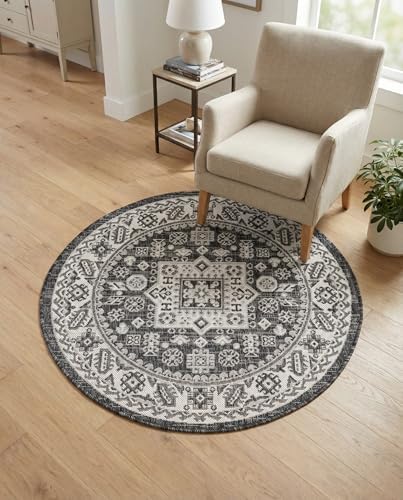 Rugs.com - Outdoor Aztec Rug – 3 Ft Round Charcoal Gray Indoor/Outdoor Rug – Durable for Patios, Decks, and Porches by Rugscom