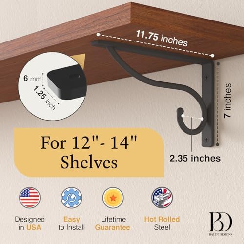 Closet Rod Bracket, 12 Inch Hook Shelf Brackets Heavy Duty Wall Mounted, Black Closet Rod Support Brackets for Curtains, Hanging Hook Kitchen, Garage Shelf Supports (2 Pack) (Black, 12 Inch) - Image 2