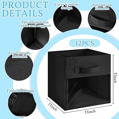 Marsui 12 Pcs Clear Cube Storage Bins Collapsible Fabric for Kids, Black - Image 2