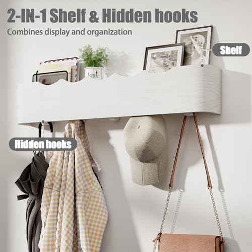 Coat Rack Wall Mount with Shelf 5 Hidden Hooks Modern Wooden Key Holder Entryway Organizer for Hallway Bedroom Bathroom Home Decor Storage for Hanging Coats Hats Bags Towels, Wave-Shape White - Image 2