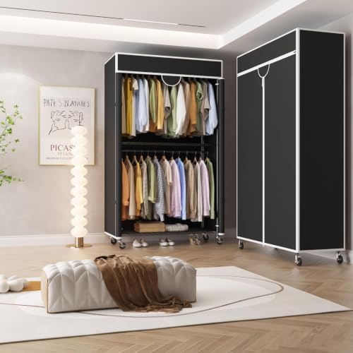 Metal Wardrobe Rack 485LBS Portable Closet Organizer with Cover Black - Image 7
