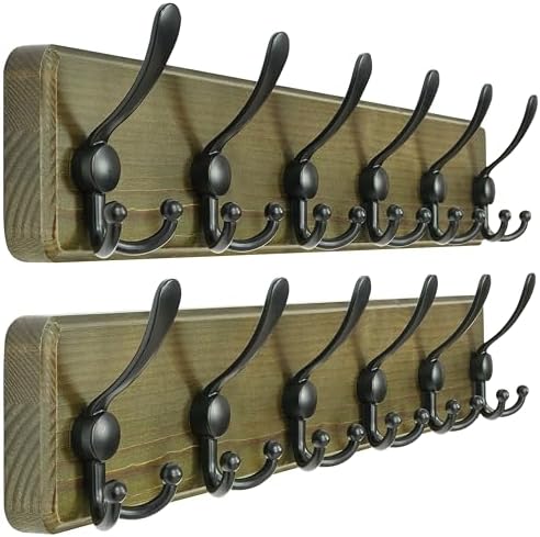 Dseap Coat Rack Wall Mounted - 24" Long 6 Tri Hooks, Heavy Duty Wooden Wall Coat Hanger Coat Hook for Clothes Hat Jacket Clothing, Weathered Green and Black, Pack of 2 by Dseap
