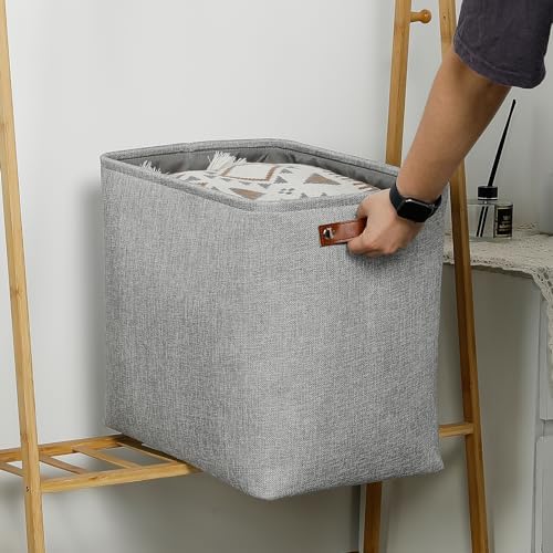 DULLEMELO Large Storage Baskets for Blankets Living Room 51L Canvas Storage Baskets for Organizing 3 Pack Collapsible Baskets Bins for Organizing Home Office with Handles (Grey) - Image 6