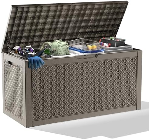 Outdoor Waterproof Resin Storage Deck Box Lockable Outside Bench UV Resistant Bin Patio Porch Furniture Pool Float Garden Tool Cushion (Grey, 110 Gallon) by MAIUSCOLI