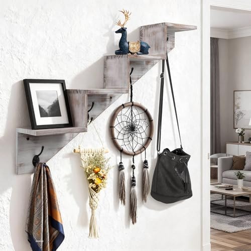 Hookmous Coat Rack Wall Mount with Shelf, White Wall Shelf with Hooks, Sturdy​​ Wooden Rise Staircase Shelves, Space-Saving Decorative Organizer for Entryway, Mudroom, Hallway, Living Room, Bedroom - Image 5