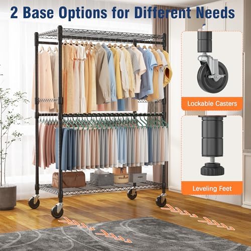 Homdox Heavy Duty Rolling Clothes Rack, Adjustable Clothing Rack for Hanging Clothes, Portable Closet Rack with 4 Hanging Rods, 2 Storage Shelves, 45" W x 20.5" D x 80" H, Black - Image 5