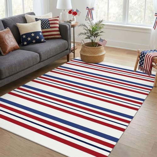 KOZYFLY 250th Anniversary Patriotic 4x6 ft Striped Rug, Blue Red White - Image 2