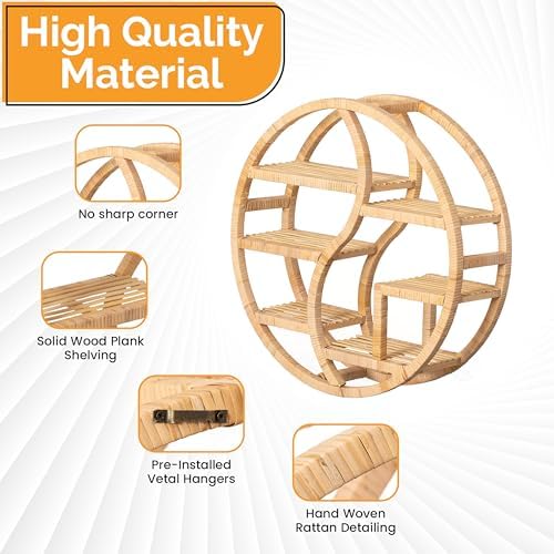 Vintiquewise Round Bamboo Wall Shelf with 3-Tier Wooden Display Sections – Boho Circle Hanging Shelf for Living Room, Bedroom, Entryway & Home Decor, Plants & Collectibles - Image 6