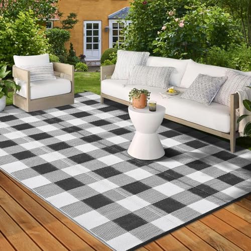 GlowSol Large Outdoor Rug 10x14 Plastic Straw Rug Waterproof UV Resistant Reversible Rug, Modern Black White Outdoor Checkered Rug, Foldable Camping Mat for Picnics, Beach, Backyard by GLOWSOL