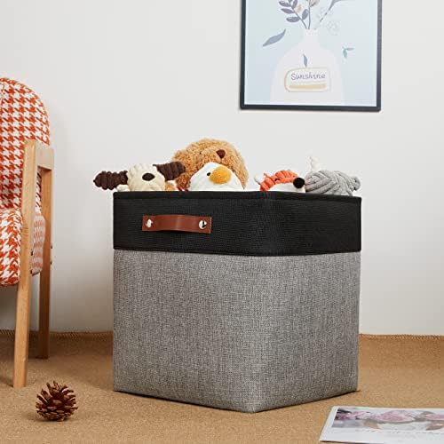 DULLEMELO Storage Bins for Organizing,Closet Storage Baskets for Gift Empty,Large Linen Canvas Storage Bins with Handles for Home Office Toys Shelves(Black&Grey, 13 inch Cube) - Image 3