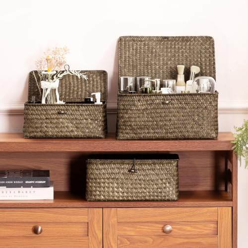 Nonam Wicker Storage Basket with Lid,Seagrass Shelf Basket Set of 3,Coffee - Image 7