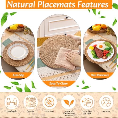 6 Sets Boho Placemat Table Runner Napkin Rings, Green, 12x72 - Image 6