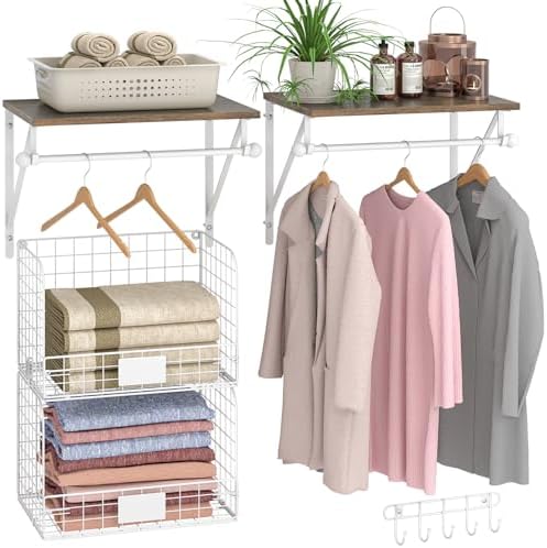 DAOUTIME 2 Set Laundry Room Wall Mounted Shelves With Wire Storage Baskets, Over Washer and Dryer With Hanging Rods and Hooks, for Organization and Storage, White, Wooden by DAOUTIME