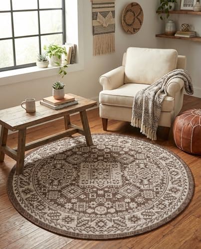 Rugs.com - Outdoor Aztec Rug – 4 Ft Round Brown Indoor/Outdoor Rug – Weather Resistant Flatweave for Patios, Decks, and Porches - Image 4