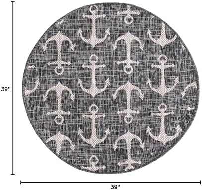 Unique Loom Outdoor Coastal Collection Area Rug - Ahoy (3' 3" Round, Charcoal/ Ivory) - Image 2