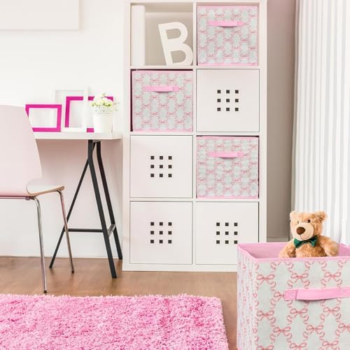 6 Pcs Pink Bow Cube Storage Bins 12.5 Inch Storage Basket with Handle, Cute Girls Organizer Basket, Collapsible Fabric Box for Classroom Bedrooms Office Home Decoration (Bow) - Image 6