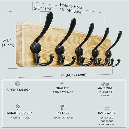 Dseap Coat Rack Wall Mount - Heavy-Duty Robust Rustic Wooden Wall Coat Hanger Hook Rail with 5 Triple Hooks for Winter Coats Hat Jacket Clothing, Light Brown & Black, Pack of 2 - Image 6