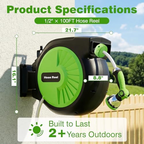Retractable Garden Hose Reel 66FT x 1/2 in, Wall Mount Water Hose Reel for Outside with Auto Rewind, Tangle-Free Guide, 180° Swivel Bracket, Lock at Any Length, High-Pressure Flow, 10-Pattern Nozzle - Image 5