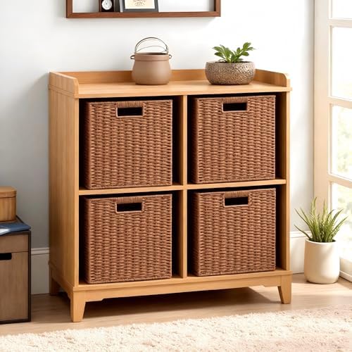 UBBCARE 3 Pack Wicker Basket, 11L×11H×10.5W inch Woven Paper Rope Storage Baskets for Shelves, Foldable Cube Storage bin with Handle, Storage Basket for Organizing & Decor,Caramel - Image 4