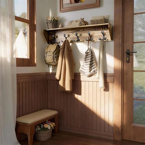 SKOLOO Wall Shelf with Hooks, 35-Inch Coat Rack Wall Mount with Shelf Organizer - Heavy Duty, 5 Tri Hooks - Perfect for Entryway, Hallway, Living Room, Bedroom, Mudroom, Wood Brown & Black - Image 6