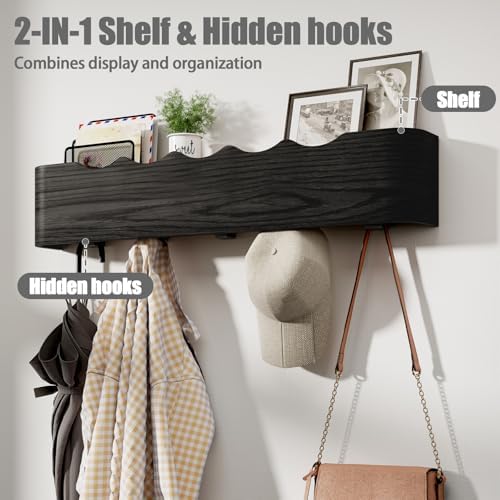 Coat Rack Wall Mount with Shelf 5 Hidden Hooks Modern Wooden Key Holder Entryway Organizer for Hallway Bedroom Bathroom Home Decor Storage for Hanging Coats Hats Bags Towels, Wave-Shape Black - Image 2