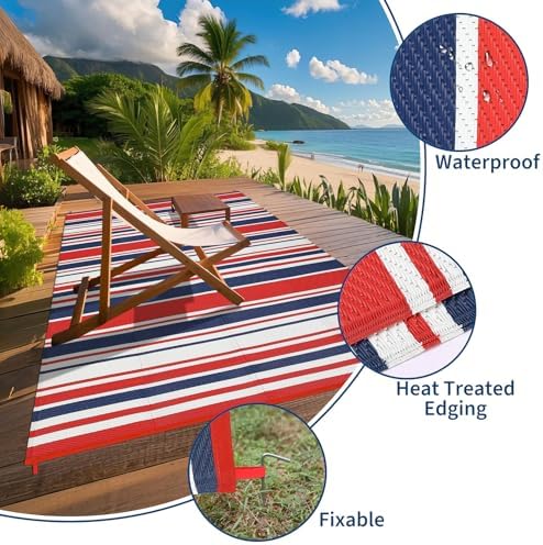 Garvee 10x14 Modern Lines Outdoor Large Rug Colorful Striped Red Navy Rug - Image 4
