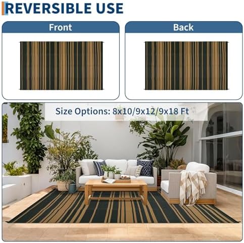 Garvee Geometric Lines 9x12 Rug Striped Black Brown Plastic Straw Rugs - Image 3