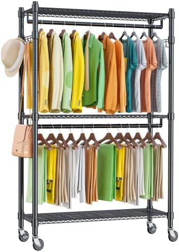 Homdox Double Rod Closet 3 Shelves Wire Shelving Clothing Rolling Rack Heavy Duty Garment Rack with Wheels and Side Hooks by HOMDOX