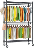 Homdox Double Rod Closet 3 Shelves Wire Shelving Clothing Rolling Rack Heavy Duty Garment Rack with Wheels and Side Hooks by HOMDOX