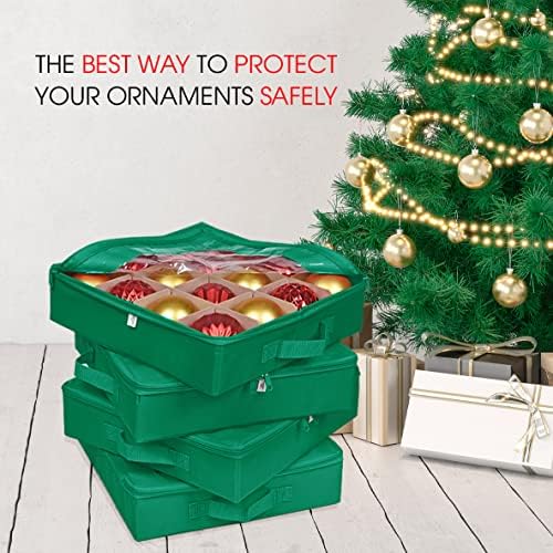 ProPik 4 Pcs Christmas Ornament Storage Boxes with Dividers | 4 Individual Trays Hold 64 Holiday Decoration Balls | Durable Ornaments Organizer Storage Box | Zippered Closure with Handles (Green) - Image 7