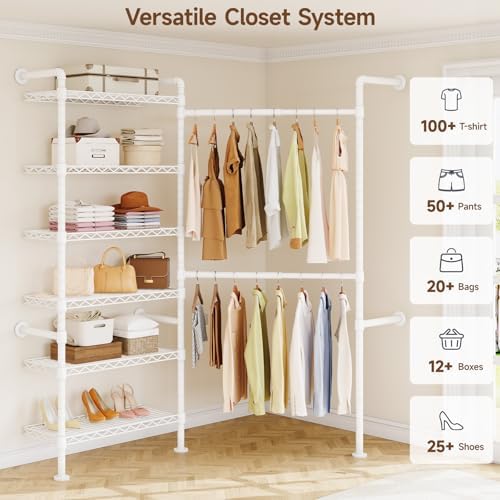 ONBRILL L2 Wall Mounted Closet System, Industrial Pipe Clothing Rack, White - Image 3