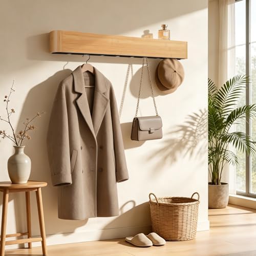33" Bamboo Coat Rack Wall Mount, 8 Hidden Hooks, Family, Natural - Image 5