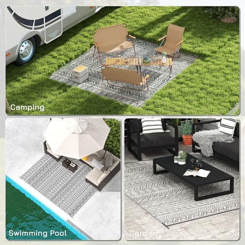 Outsunny Outdoor Rug for Patio Waterproof, 8' x 10', Gray & Cream Boho - Image 5