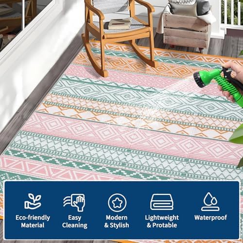 Boho 8x10 Plastic Straw Rug Reversible Mat Outdoor Bohemia Area Rug Waterproof Patio Rugs Outdoor Camping Rugs for RV Porch Deck Camper Balcony Backyard Easy Clean Picnic Mat, Orange Pink - Image 6