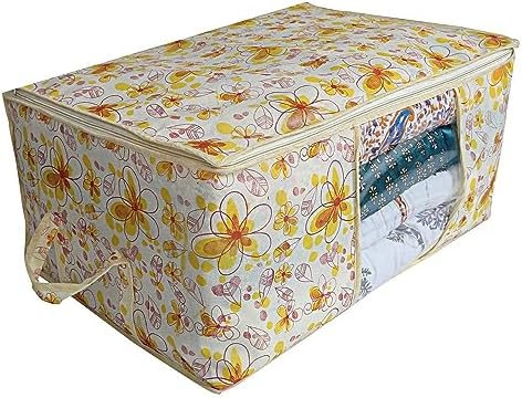 Kuber Industries Foldable Underbed Storage Bag|Organizer For Clothes Large|Non-Woven Comforter, Blanket Cover|Metalic Print & Side Handle|Pack of 12 (Cream) - Image 4