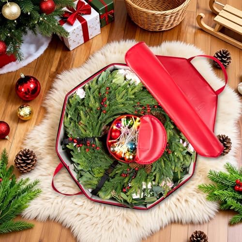 BrilliantJo 2 Pack Wreath Storage Christmas Garlands Bag with Interior Pockets Large Xmas Container Box for holiday Decorations Case with Dual Zipper and Handles Window Labeling Card Slot 24" Red - Image 3