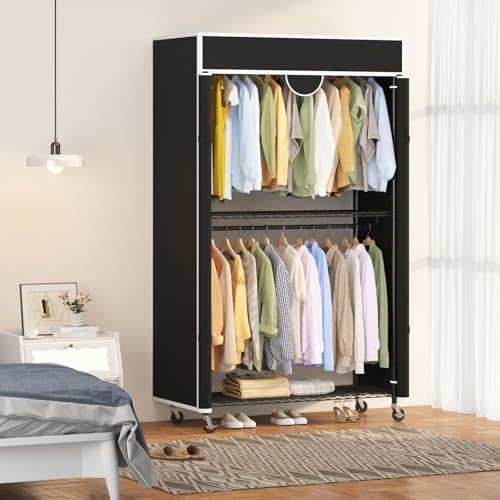 Heavy Duty Clothes Rack with Cover, 485LBS Capacity, Portable Closet Wardrobe on Wheels, Carbon Steel, Dustproof, Tool-Free Assembly, Clothes Racks for Hanging Clothes, for Bedroom, Laundry, Storage - Image 3