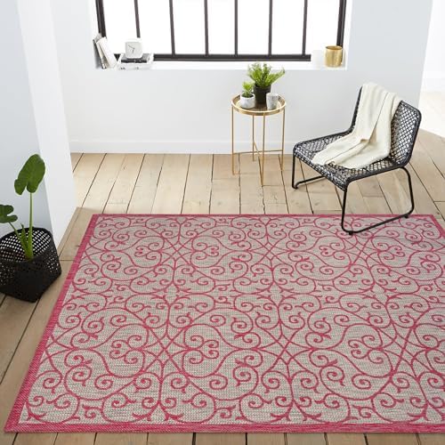 Eyely Filigree Weave Area Rug 4X6 Lt Gray/Fuchsia, Indoor Outdoor Rug by eyely