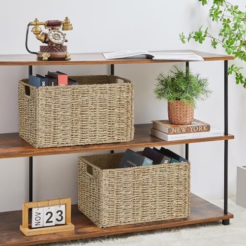 Vagusicc Wicker Storage Basket, Set of 2 Hand-Woven Storage Baskets for Organizing, Small Wicker Basket for Toilet Paper, Foldable Large Cube Storage Organizer Basket Bins for Shelves (Sea Grass) - Image 6