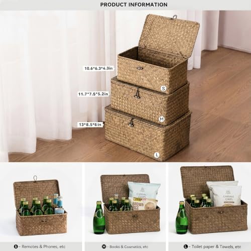 Nonam Wicker Storage Basket with Lid,Seagrass Shelf Basket Set of 3,Coffee - Image 2