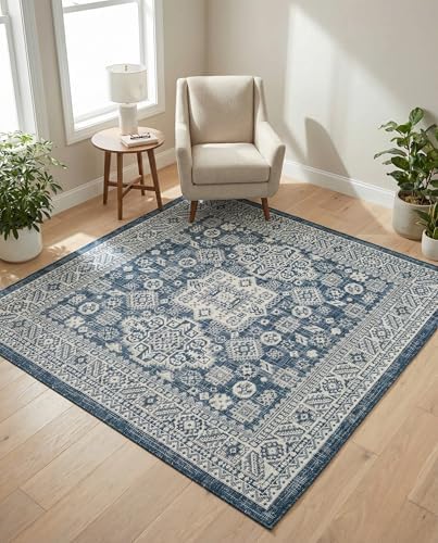 Rugs.com - Outdoor Aztec Rug – 5 Ft Square Blue Indoor/Outdoor Rug – Weather Resistant for Patios, Decks, and Porches - Image 4