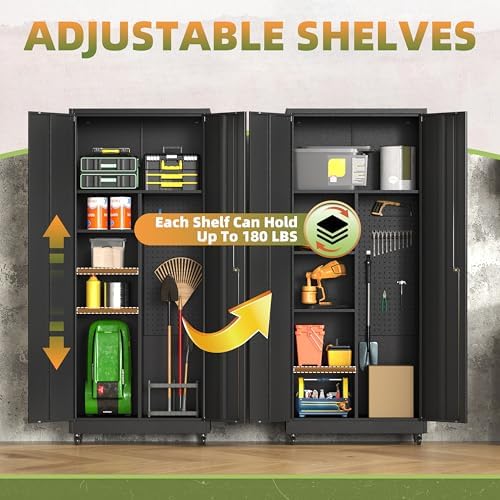 71''H Metal Garage Storage Cabinet with Wheels, Broom Cabinet with Lock - Image 4