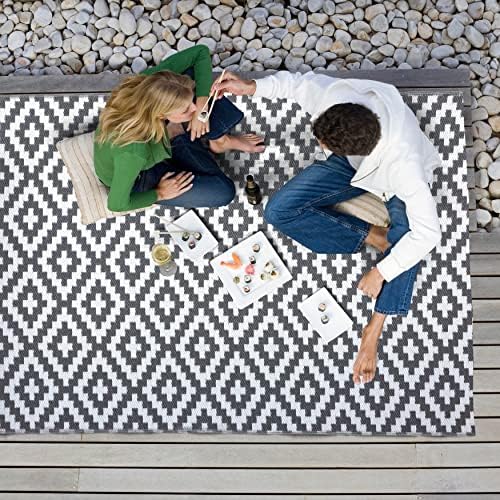 NUU GARDEN Outdoor Rug Plaid Reversible Mats Modern Area Rugs, Plastic Straw Rug, Large Floor Mat and Rug for Outdoors, RV, Backyard, Deck, Picnic, Beach, Grey and White, 5 * 7 ft - Image 2