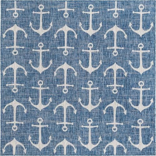 Unique Loom Outdoor Coastal Collection Area Rug - Ahoy (7' 10" Square, Blue/ Ivory) - Image 2