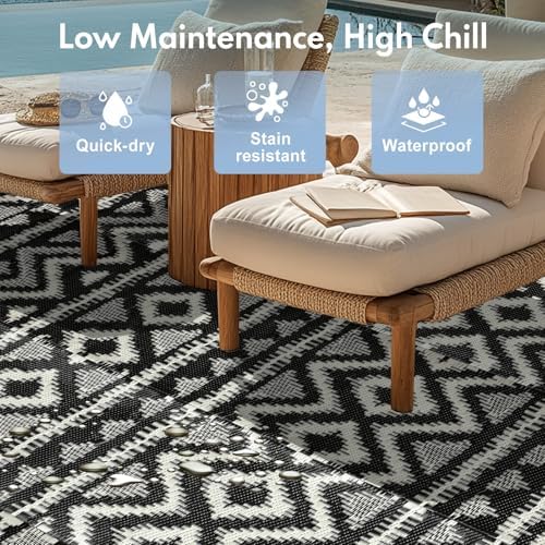 Waterproof Outdoor Rug 8x10 ft, Reversible Plastic Straw Rug, Easy to Clean Patio Rug, Portable Carpet for Patio, RV, Deck, Balcony, Backyard, Picnic, Beach, Geometric Diamond, Gray - Image 3