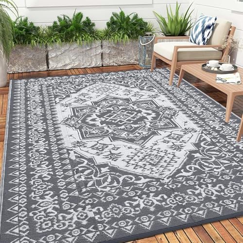 Outdoor Rug 9x12 Reversible Patio Rug Outdoor Plastic Straw Rug Vintage Medallion Washable Rug Waterproof for Deck RV Outside Rug for Patio Backyard Picnic Camp Beach Balcony Grey White by Unknown